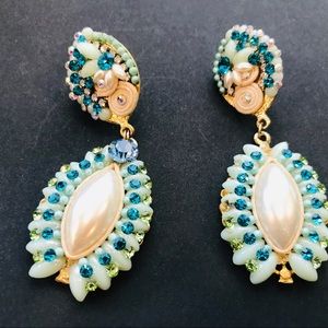 Faux Pearl Green Rhinestone Pierced Dangle Earring